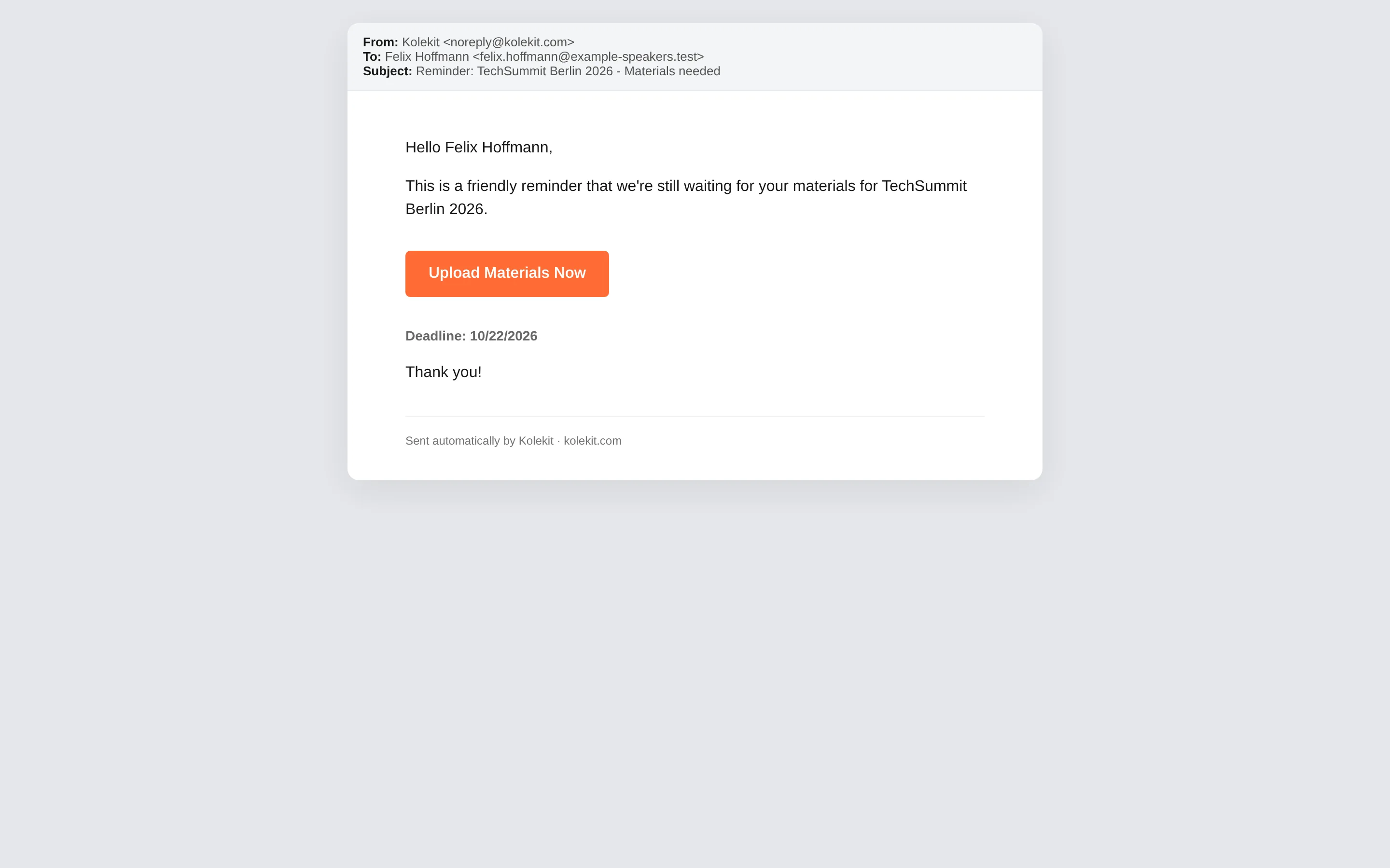 Kolekit-Erinnerungsmail mit Link zurück zum Upload-Formular